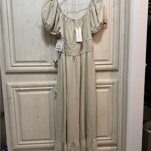 Smocked Waist Light Cream Maxi Dress with Puff Sleeves